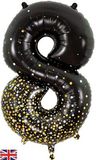 Oaktree 34inch Number 8 Sparkling Fizz Black Gold Holographic - Foil Balloons