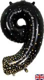 Oaktree 34inch Number 9 Sparkling Fizz Black Gold Holographic - Foil Balloons