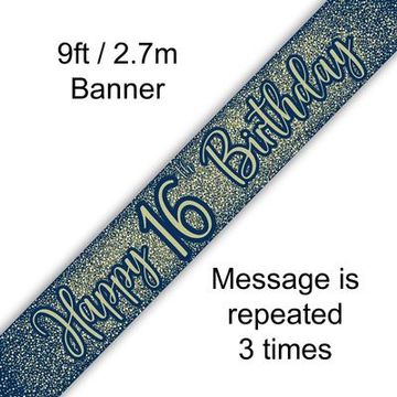 9ft Banner 16th Birthday Metallic Glitter Navy Gold - Banners & Bunting