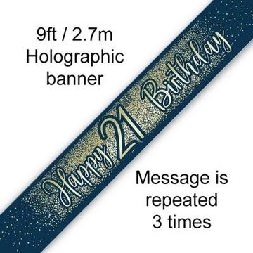 9ft Banner 21st Birthday Metallic Glitter Navy Gold - Banners & Bunting