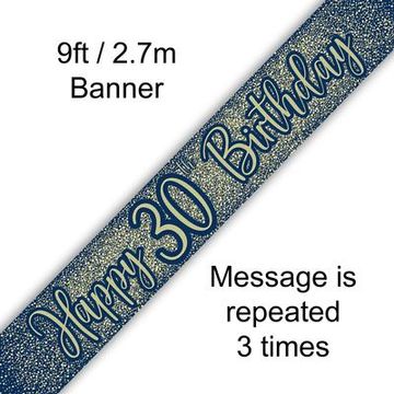 9ft Banner 30th Birthday Metallic Glitter Navy Gold - Banners & Bunting
