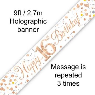 9ft Banner Sparkling Fizz 16th Birthday White & Rose Gold Holographic - Banners & Bunting