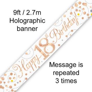 9ft Banner Sparkling Fizz 18th Birthday White & Rose Gold Holographic - Banners & Bunting