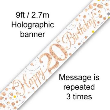 9ft Banner Sparkling Fizz 20th Birthday White & Rose Gold Holographic - Banners & Bunting