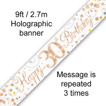 9ft Banner Sparkling Fizz 30th Birthday White & Rose Gold Holographic - Banners & Bunting