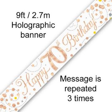 9ft Banner Sparkling Fizz 70th Birthday White & Rose Gold Holographic - Banners & Bunting