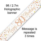 9ft Banner Sparkling Fizz 80th Birthday White & Rose Gold Holographic - Banners & Bunting