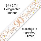 9ft Banner Sparkling Fizz 90th Birthday White & Rose Gold Holographic - Banners & Bunting