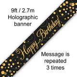 9ft Banner Sparkling Fizz Happy Birthday Black & Gold Holographic - Banners & Bunting