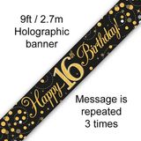 9ft Banner Sparkling Fizz 16th Birthday Black & Gold Holographic - Banners & Bunting