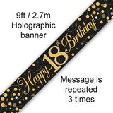 9ft Banner Sparkling Fizz 18th Birthday Black & Gold Holographic - Banners & Bunting