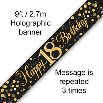 9ft Banner Sparkling Fizz 18th Birthday Black & Gold Holographic - Banners & Bunting