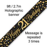 9ft Banner Sparkling Fizz 21st Birthday Black & Gold Holographic - Banners & Bunting