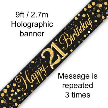 9ft Banner Sparkling Fizz 21st Birthday Black & Gold Holographic - Banners & Bunting