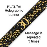 9ft Banner Sparkling Fizz 30th Birthday Black & Gold Holographic - Banners & Bunting