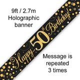 9ft Banner Sparkling Fizz 50th Birthday Black & Gold Holographic - Banners & Bunting