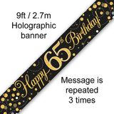 9ft Banner Sparkling Fizz 65th Birthday Black & Gold Holographic - Banners & Bunting