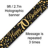 9ft Banner Sparkling Fizz 70th Birthday Black & Gold Holographic - Banners & Bunting