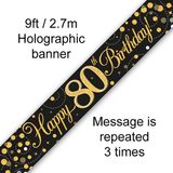 9ft Banner Sparkling Fizz 80th Birthday Black & Gold Holographic - Banners & Bunting