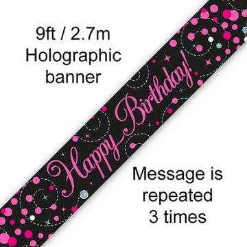 9ft Banner Sparkling Fizz Birthday Black & Pink Holographic - Banners & Bunting