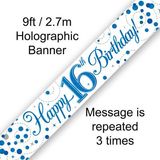 9ft Banner 16th Sparkling Fizz Birthday Blue Holographic - Banners & Bunting