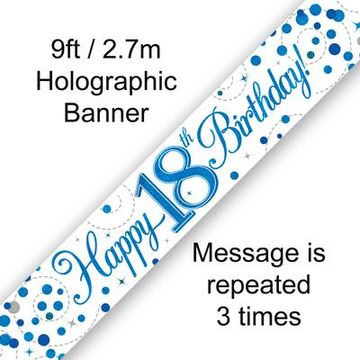 9ft Banner 18th Sparkling Fizz Birthday Blue Holographic - Banners & Bunting