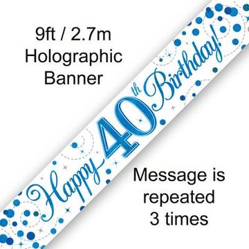 9ft Banner 40th Sparkling Fizz Birthday Blue Holographic - Banners & Bunting