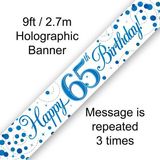 9ft Banner 65th Sparkling Fizz Birthday Blue Holographic - Banners & Bunting