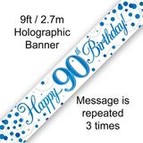 9ft Banner 90th Sparkling Fizz Birthday Blue Holographic - Banners & Bunting