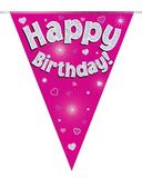 Party Bunting Happy Birthday Pink Holographic 11 flags 3.9m - Banners & Bunting