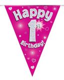 Party Bunting Happy 1st Birthday Pink Holographic 11 flags 3.9m - Banners & Bunting