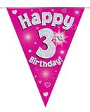 Party Bunting Happy 3rd Birthday Pink Holographic 11 flags 3.9m - Banners & Bunting