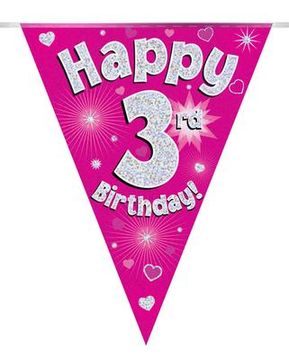 Party Bunting Happy 3rd Birthday Pink Holographic 11 flags 3.9m - Banners & Bunting