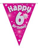 Party Bunting Happy 6th Birthday Pink Holographic 11 flags 3.9m - Banners & Bunting