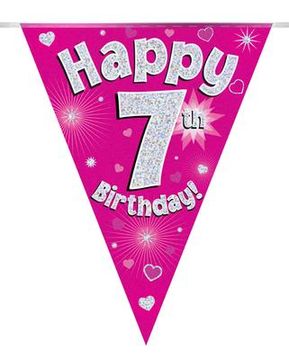 Party Bunting Happy 7th Birthday Pink Holographic 11 flags 3.9m - Banners & Bunting