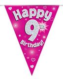 Party Bunting Happy 9th Birthday Pink Holographic 11 flags 3.9m - Banners & Bunting