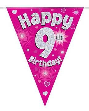 Party Bunting Happy 9th Birthday Pink Holographic 11 flags 3.9m - Banners & Bunting