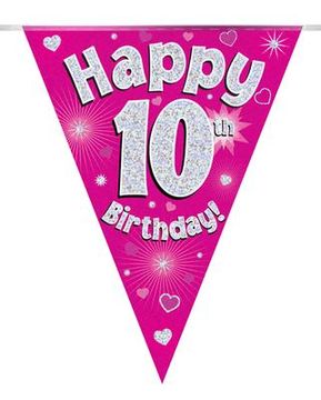 Party Bunting Happy 10th Birthday Pink Holographic 11 flags 3.9m - Banners & Bunting