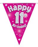 Party Bunting Happy 11th Birthday Pink Holographic 11 flags 3.9m - Banners & Bunting