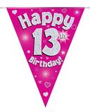 Party Bunting Happy 13th Birthday Pink Holographic 11 flags 3.9m - Banners & Bunting