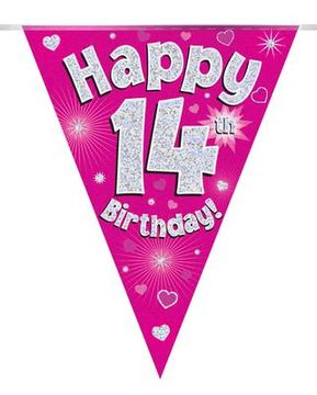 Party Bunting Happy 14th Birthday Pink Holographic 11 flags 3.9m - Banners & Bunting