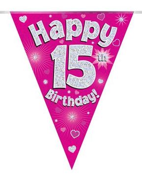 Party Bunting Happy 15th Birthday Pink Holographic 11 flags 3.9m - Banners & Bunting