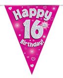 Party Bunting Happy 16th Birthday Pink Holographic 11 flags 3.9m - Banners & Bunting