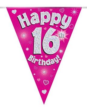 Party Bunting Happy 16th Birthday Pink Holographic 11 flags 3.9m - Banners & Bunting