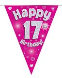 Party Bunting Happy 17th Birthday Pink Holographic 11 flags 3.9m - Banners & Bunting