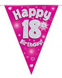 Party Bunting Happy 18th Birthday Pink Holographic 11 flags 3.9m - Banners & Bunting