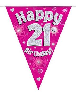 Party Bunting Happy 21st Birthday Pink Holographic 11 flags 3.9m - Banners & Bunting