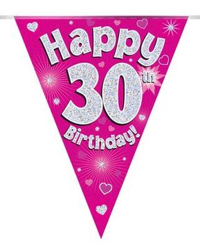 Party Bunting Happy 30th Birthday Pink Holographic 11 flags 3.9m - Banners & Bunting