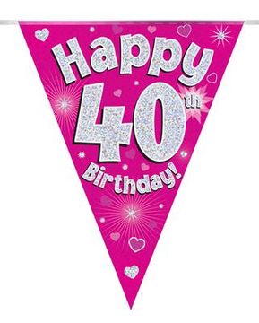 Party Bunting Happy 40th Birthday Pink Holographic 11 flags 3.9m - Banners & Bunting