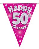 Party Bunting Happy 50th Birthday Pink Holographic 11 flags 3.9m - Banners & Bunting